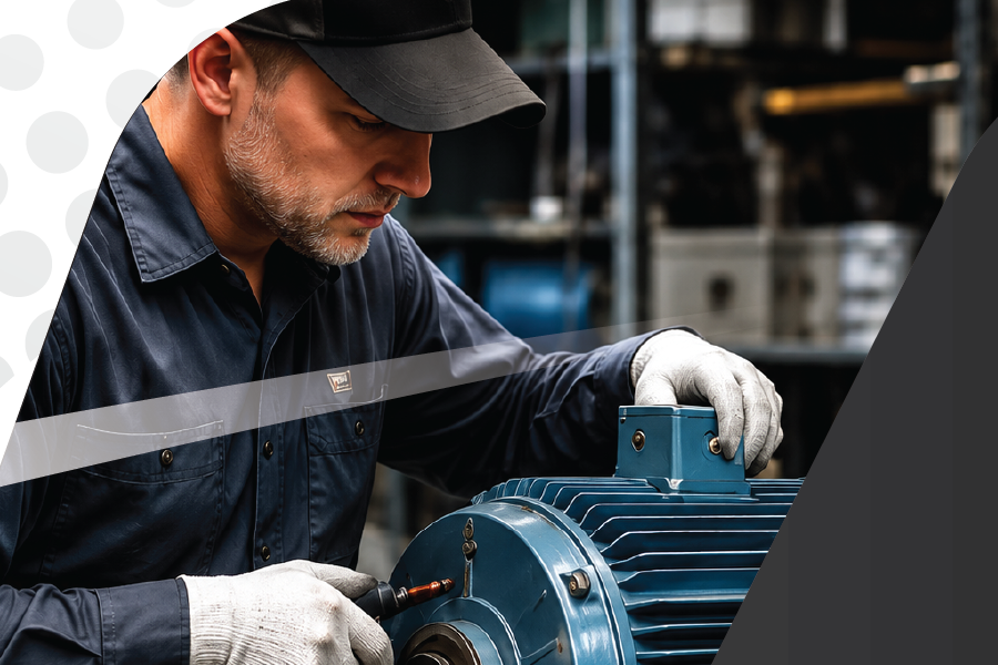 Pye-Barker technician inspecting an electric motor coupled to a compressed-air system during a diagnostic visit